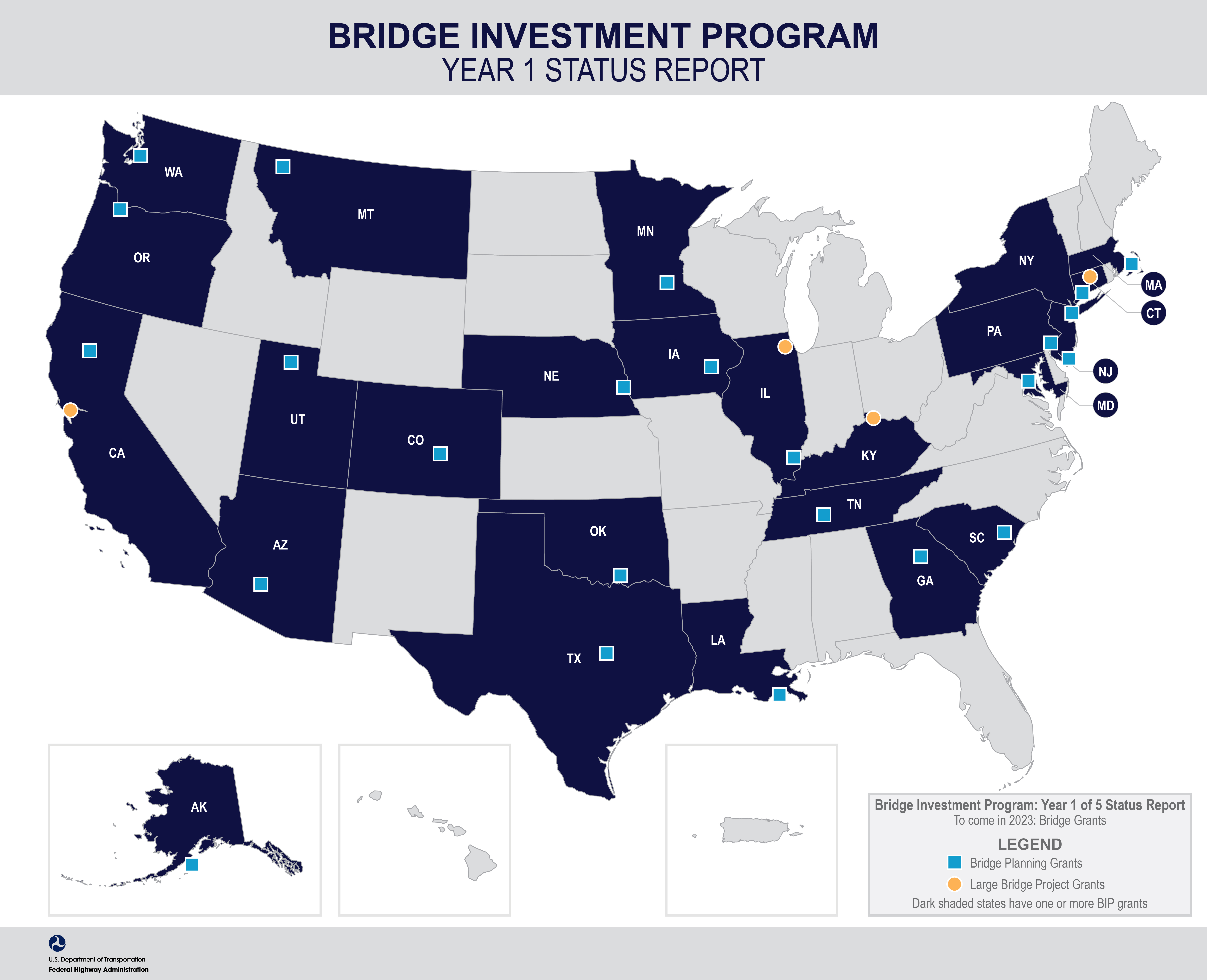 U.S. map graphic denoting the States receiving BIP Large Bridge Grants.